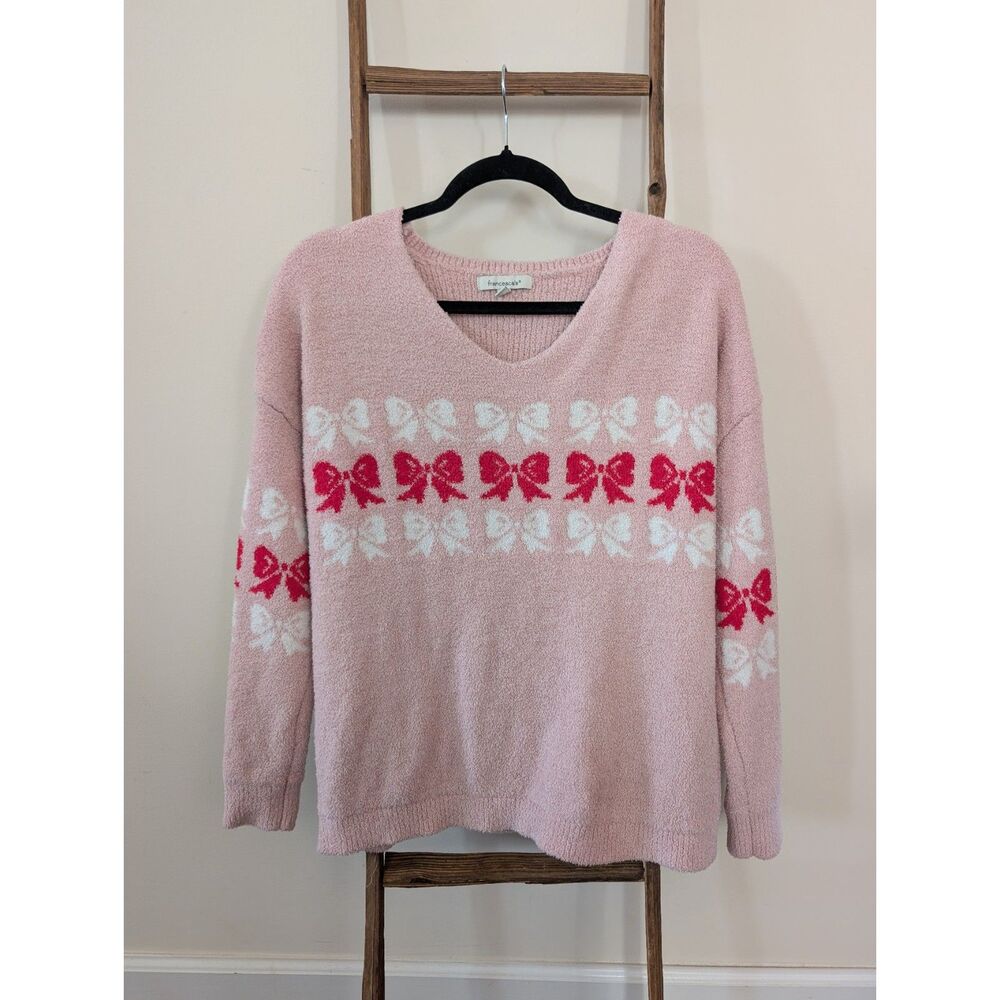 Francesca's M Pink Fuzzy Bow Sweater Coquette Balletcore Holiday V Neck